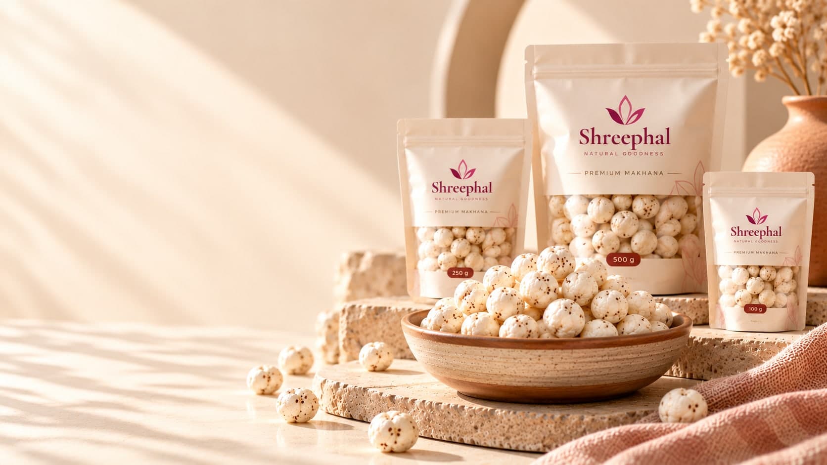 A bowl of Shreephal premium makhana in front of Shreephal makhana pouches